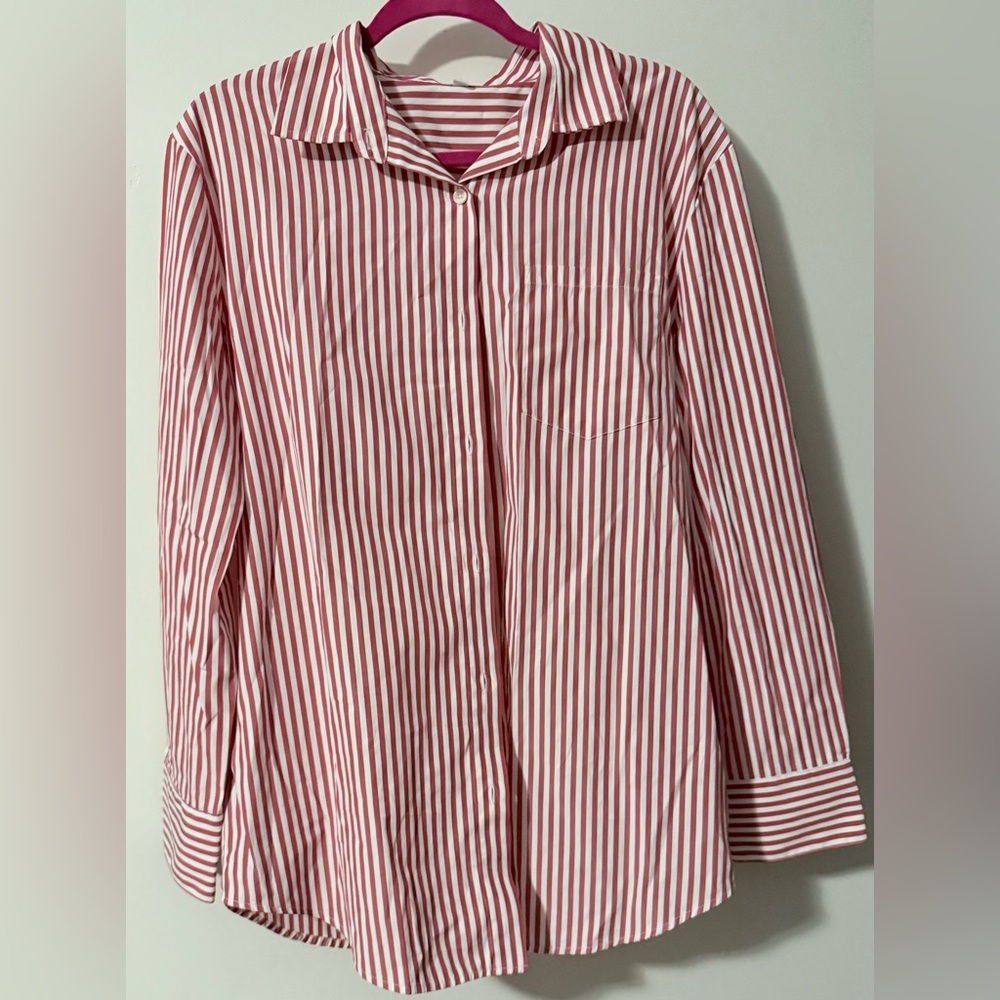 Red and White Striped Button-Up Shirt